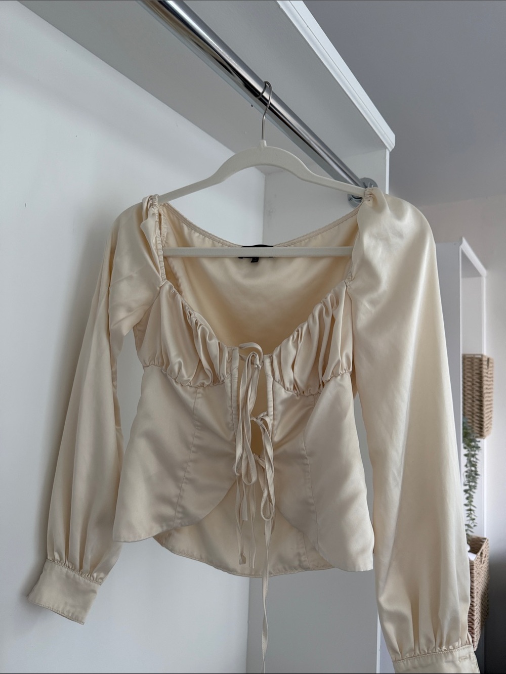 MAJORELLE Cream Satin Tie-Detail Long Sleeve Blouse